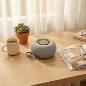 Detailansicht eines grauen tragbaren Bluetooth-Lautsprechers auf einem warmen Holztisch.