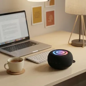 Tragbarer Bluetooth Lautsprecher Detailansicht auf Schreibtisch mit RGB Licht und Stoff.