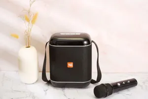 Portable wireless bluetooth speaker detail view with microphone and carrying strap setup.