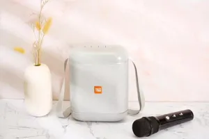 Portable wireless Bluetooth speaker with microphone, strap, karaoke outdoor sound system.
