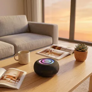 Tragbarer kabelloser Bluetooth Lautsprecher mit Stoffbezug und RGB Lichtring.