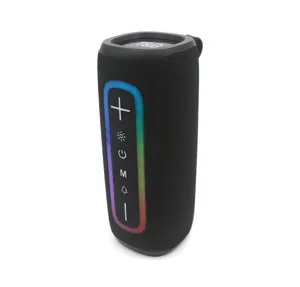 Portable Bluetooth speaker detail showing the LED ambient light strip and control buttons.