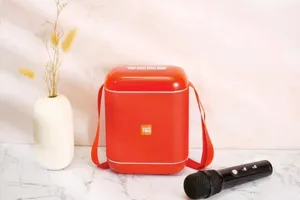 Portable wireless bluetooth speaker with microphone and strap for outdoor karaoke use.