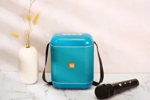 Portable Bluetooth karaoke speaker with microphone, teal wireless outdoor audio system setup.