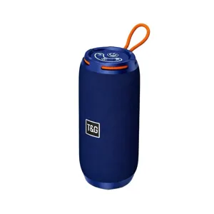Close-up detail of the portable blue Bluetooth speaker showing durable fabric mesh and strap.
