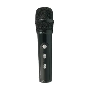 Wireless karaoke microphone detail view, black handheld design with built-in control buttons.