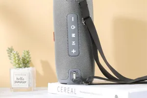 Portable wireless Bluetooth speaker with fabric mesh, deep bass and adjustable strap.