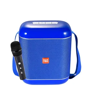 Portable Bluetooth speaker with microphone, blue outdoor wireless stereo sound system for party.