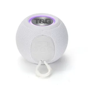 Haut-parleur Bluetooth sphérique blanc portable avec maille en tissu et anneau LED.