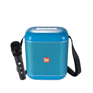 Portable Bluetooth karaoke speaker with microphone and strap, perfect for outdoor music and fun.