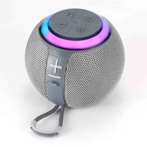 Portable spherical bluetooth speaker with colorful LED lights, mesh fabric and handy strap.