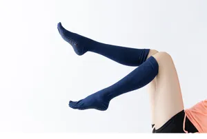 Dark blue over the knee yoga socks with grip non slip five toe long pilates socks for women