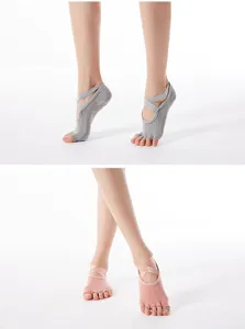 Women's toeless five-toe yoga socks with cross straps, breathable non-slip grip design.