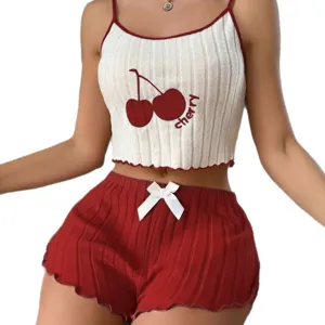 Conjunto de Pijama Sexy de Mujer de Punto Cami Top y Short con Bordado de Cereza Lazo