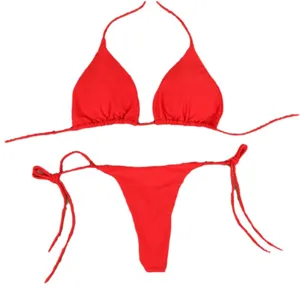 Rood halter bikini set, effen sexy tweedelige badmode met borstkussens voor vrouwen.