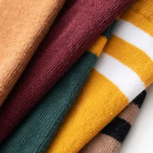 Close-up of cute Japanese college style striped knit tube socks showing detailed texture.