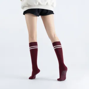 Women college style mid-tube yoga socks anti slip pilates sports socks with double stripes