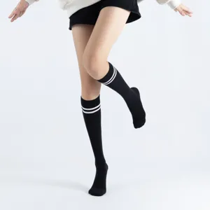Women college style black mid-calf socks with double white stripes for daily and yoga
