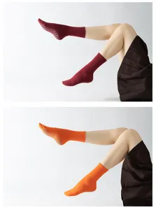Women grip socks for yoga pilates non-slip athletic mid-calf cotton socks orange burgundy 2pcs