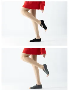 Detail shot of cross-strap five-toe yoga socks, non-slip grip soles for stable pilates workouts.