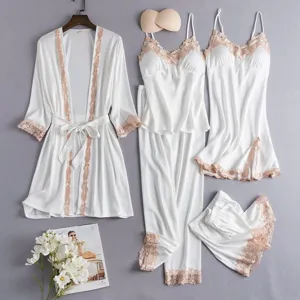 Dames Luxe Satijn Pyjama Set 5 Stuks Nachtkleding V-Hals Hemdje Badjas Shorts Broek Met Borstkussen