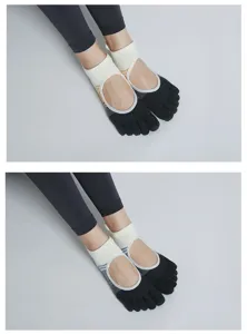 Detailed view of women's yoga five toe socks with cutout design, anti-slip breathable floor socks.