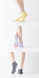 Non-slip yoga socks with open back and five-toe design, detail view showing anti-slip grip dots.
