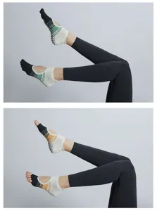 Close-up details of yoga five-toe anti-slip socks showing breathable open back and grip dots.
