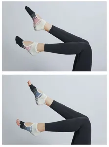 Detailed view of women's yoga toe socks featuring anti-slip grips and stylish open-back design.
