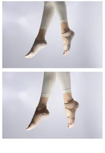 Non-slip yoga pilates socks with open toe and heel design, breathable cotton fabric.
