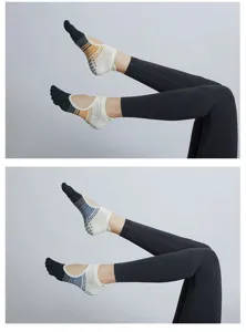 Autumn color-blocked open back yoga five-toe socks for women with non-slip grip soles.