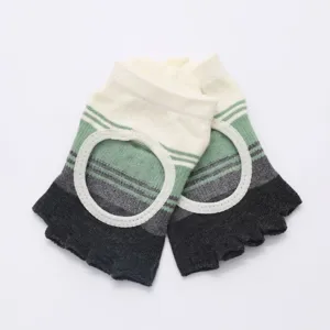Detailed view of colorblocked five-toe yoga socks featuring breathable knit fabric and open back.