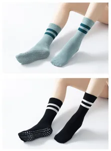 Detailed view of long anti-slip yoga pilates socks with cozy terry and dual stripes.