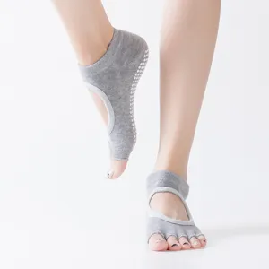 Women's open toe open back five toe grip yoga socks grey non slip breathable sports socks