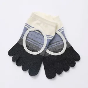 Detail view of women's color-blocked open-back yoga five-toe socks with anti-slip grip.