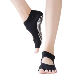 Non-slip yoga socks with open toes and back for women, breathable grip socks for fitness.