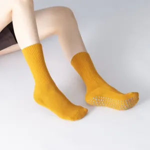 Women winter warm yoga socks with grip non slip thick fleece pilates socks yellow mid tube