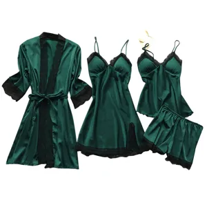 Dames sexy satijn pyjama set vierdelige donkergroene ochtendjas camisole short details