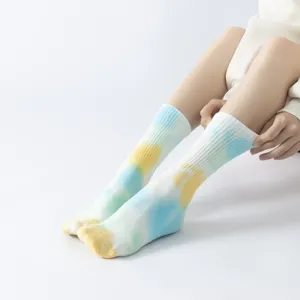 Colorful tie-dye crew socks for women, stylish yoga pilates socks with ribbed cuff.