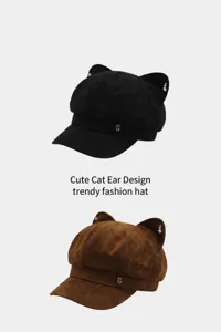 Autumn winter cute cat ear suede octagonal hat sweet fashion painter beret for women