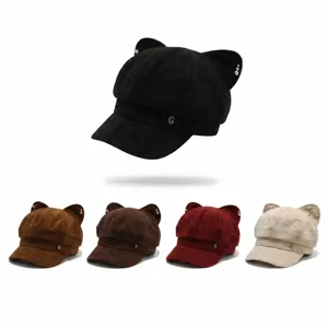 Cute Cat Ear Newsboy Cap For Women Sweet Octagonal Hat Faux Suede Painter Beret With Metal Letter G Pearl Decoration Winter Warm Fashion Accessory