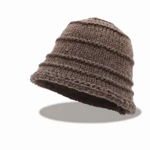Women's knit bucket hat autumn winter solid color horizontal pleat texture basin hat style
