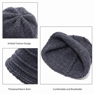 Dark grey knitted bucket hat, winter thick warm brim, comfortable inner lining, texture design.