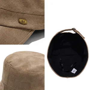 Classic suede flat top military cap for women, vintage British style cadet hat with metal logo.