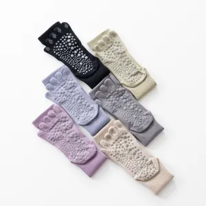 Detail view of non-slip five-toe yoga socks with grip dots for pilates and fitness.