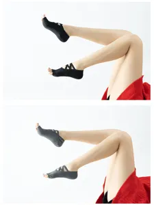 Women non-slip yoga socks with cross straps and five toe design for pilates fitness exercise.