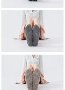 Vue détaillée de chaussettes de yoga antidérapantes pour femmes avec picots en silicone semelle.