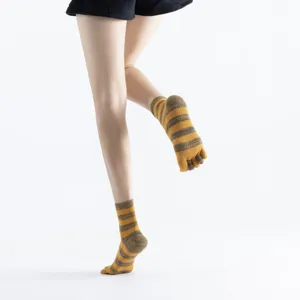 Women striped five toe yoga socks with anti slip grip, comfortable pilates cotton athletic socks.