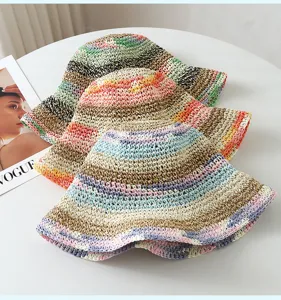 Colorful rainbow woven straw bucket hat for women summer wide brim foldable beach sun hat