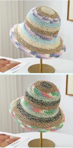 Korean rainbow woven straw hat women summer big brim hollow bucket hat beach sun protection